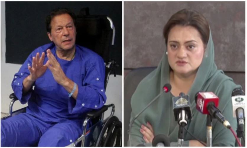 Pakistan’s Information Minister Marriyum Aurangzeb (R) and the former leader Imran Khan (L).