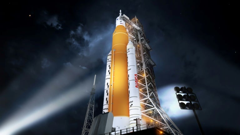 Nasa's new rocket, the Space Launch System (SLS), in its Block 1 crew vehicle configuration that will send astronauts to the Moon on the Artemis missions.